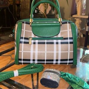 Green and Tan Plaid Women's Handbag